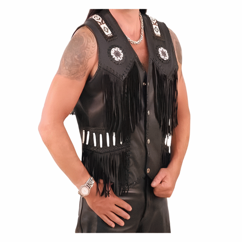 Men's Western Black Leather Fringe Beaded Vest MV521