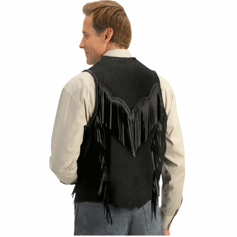 Men's Western Black Suede Leather Fringe Bone work Vest MV519