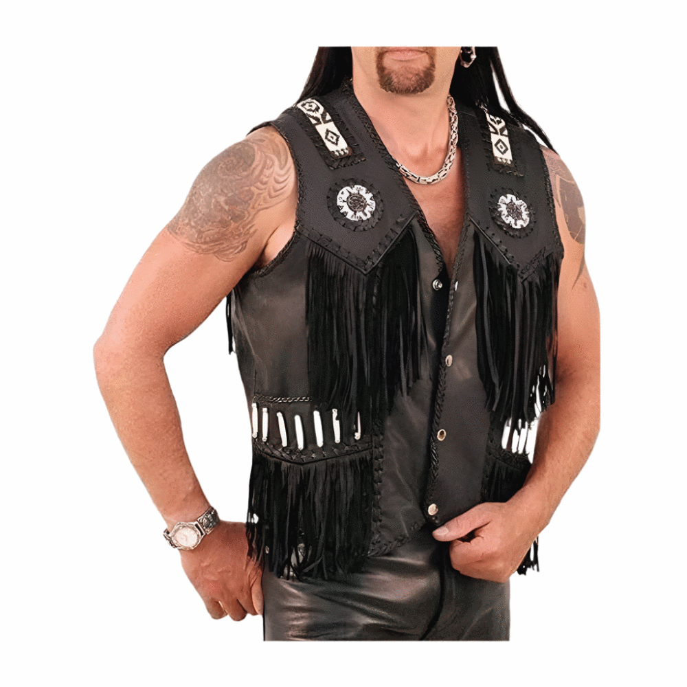 Men's Western Black Leather Fringe Beaded Vest MV521