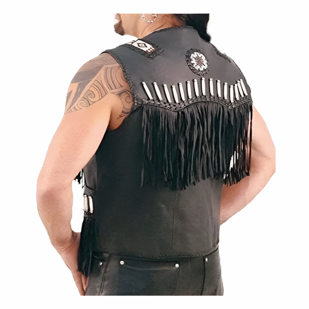 Men's Western Black Leather Fringe Beaded Vest MV521