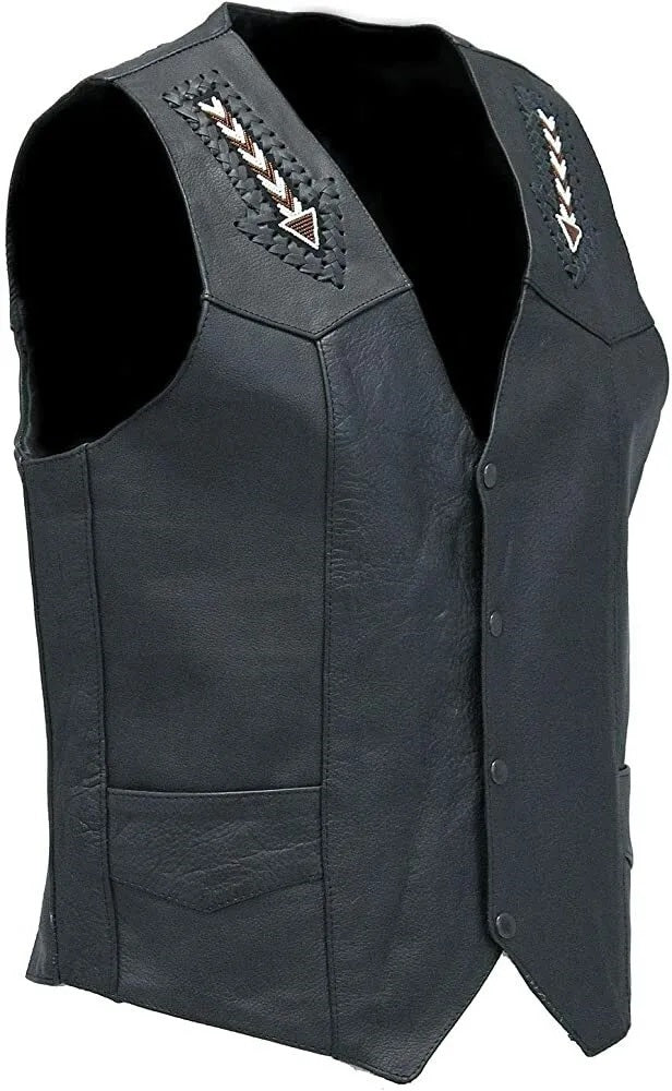Men's Western Black Leather Beaded Vest MV510