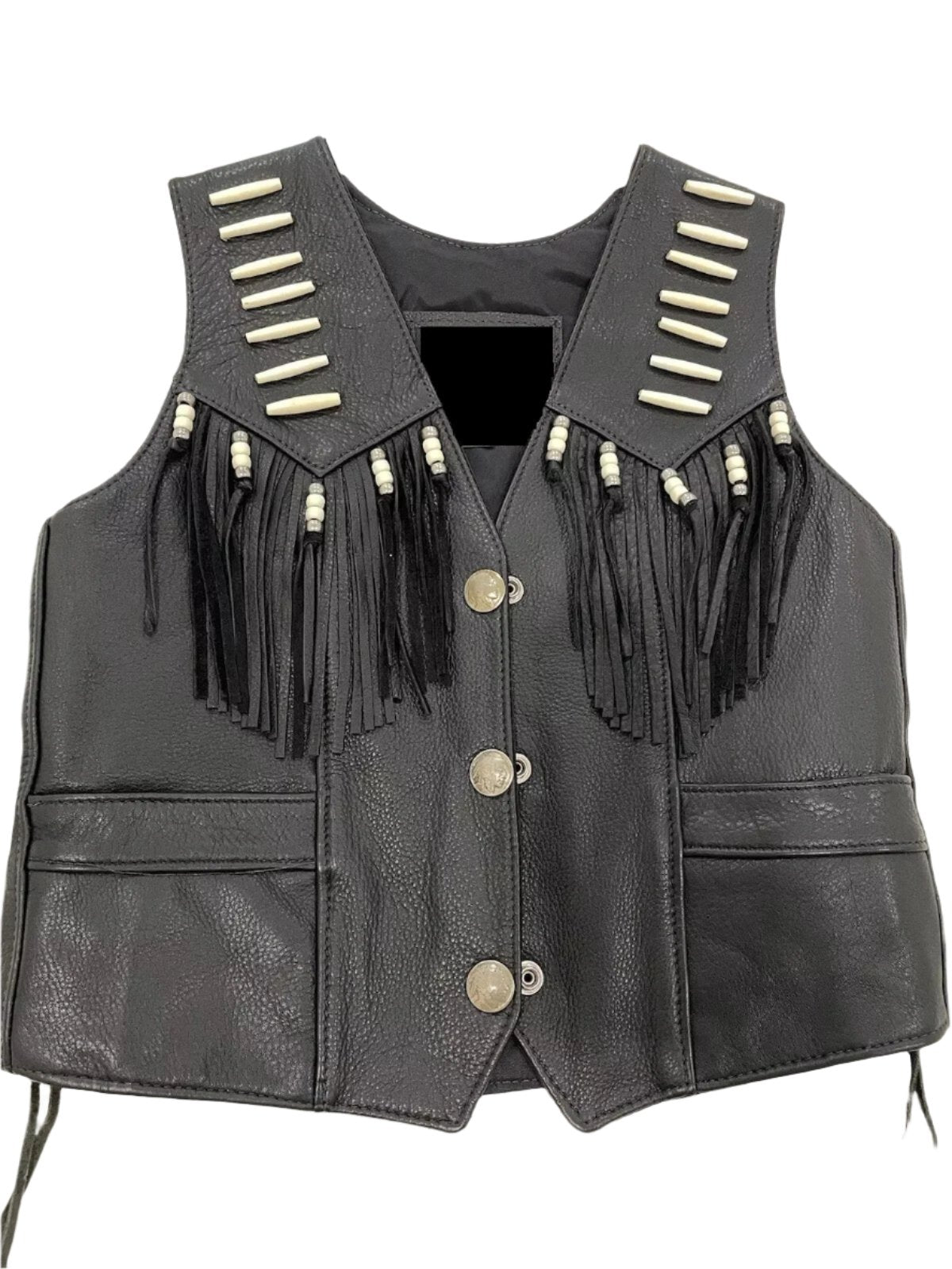 Cowgirl's Western Black Leather Fringe Bone Work Vest CGV435