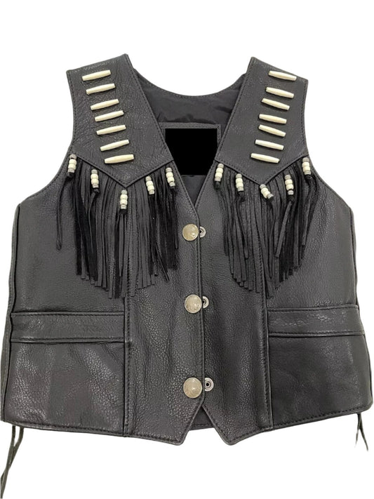 Cowgirl's Western Black Leather Fringe Bone Work Vest CGV435