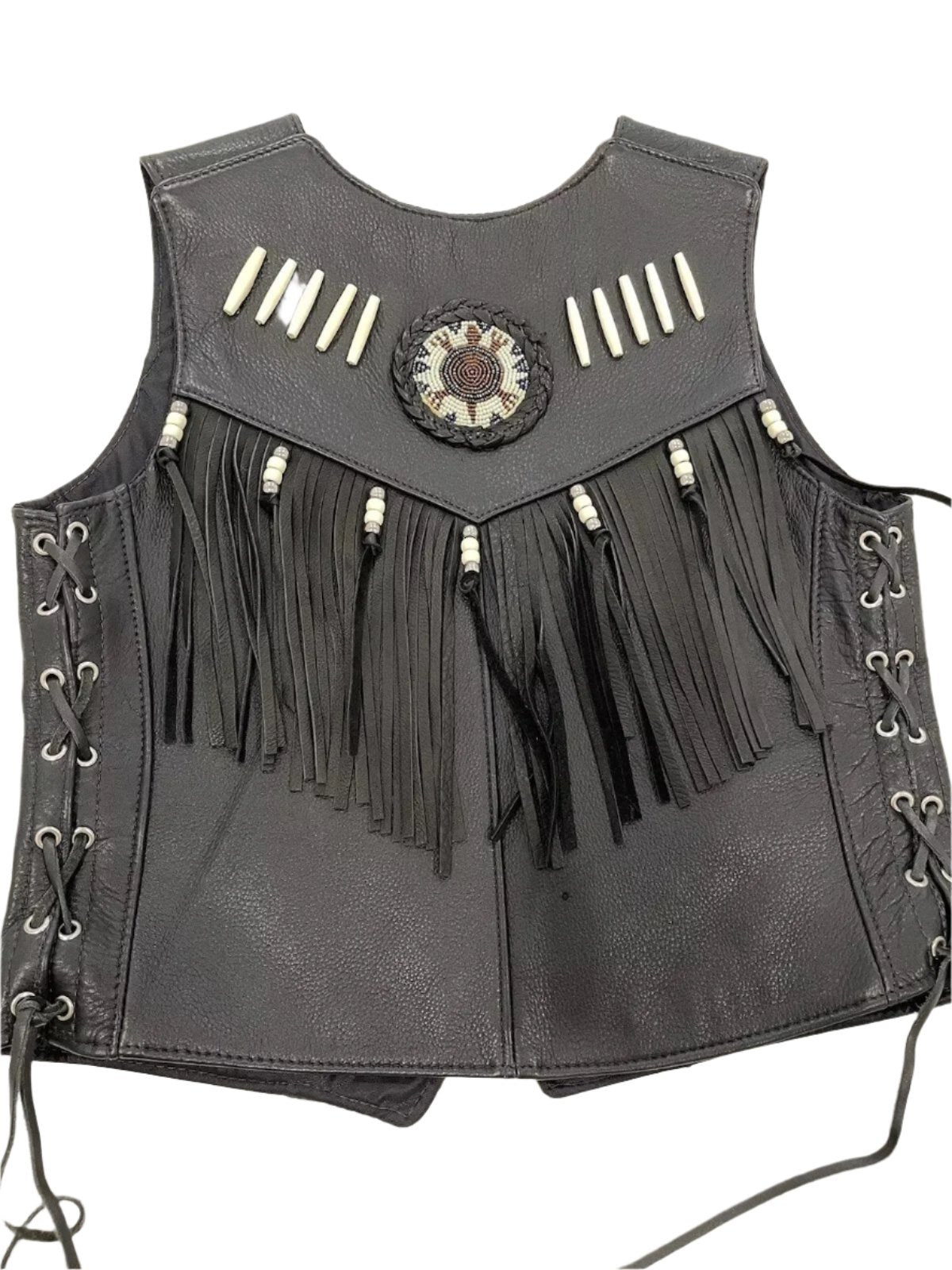 Cowgirl's Western Black Leather Fringe Bone Work Vest CGV435