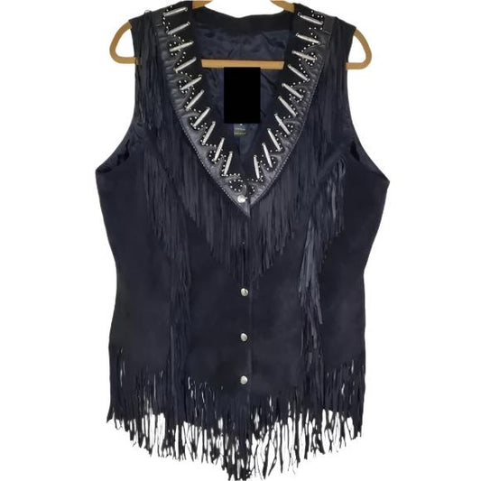 Cowgirl's Black Suede Leather Fringes Bone Work Vest CGV427