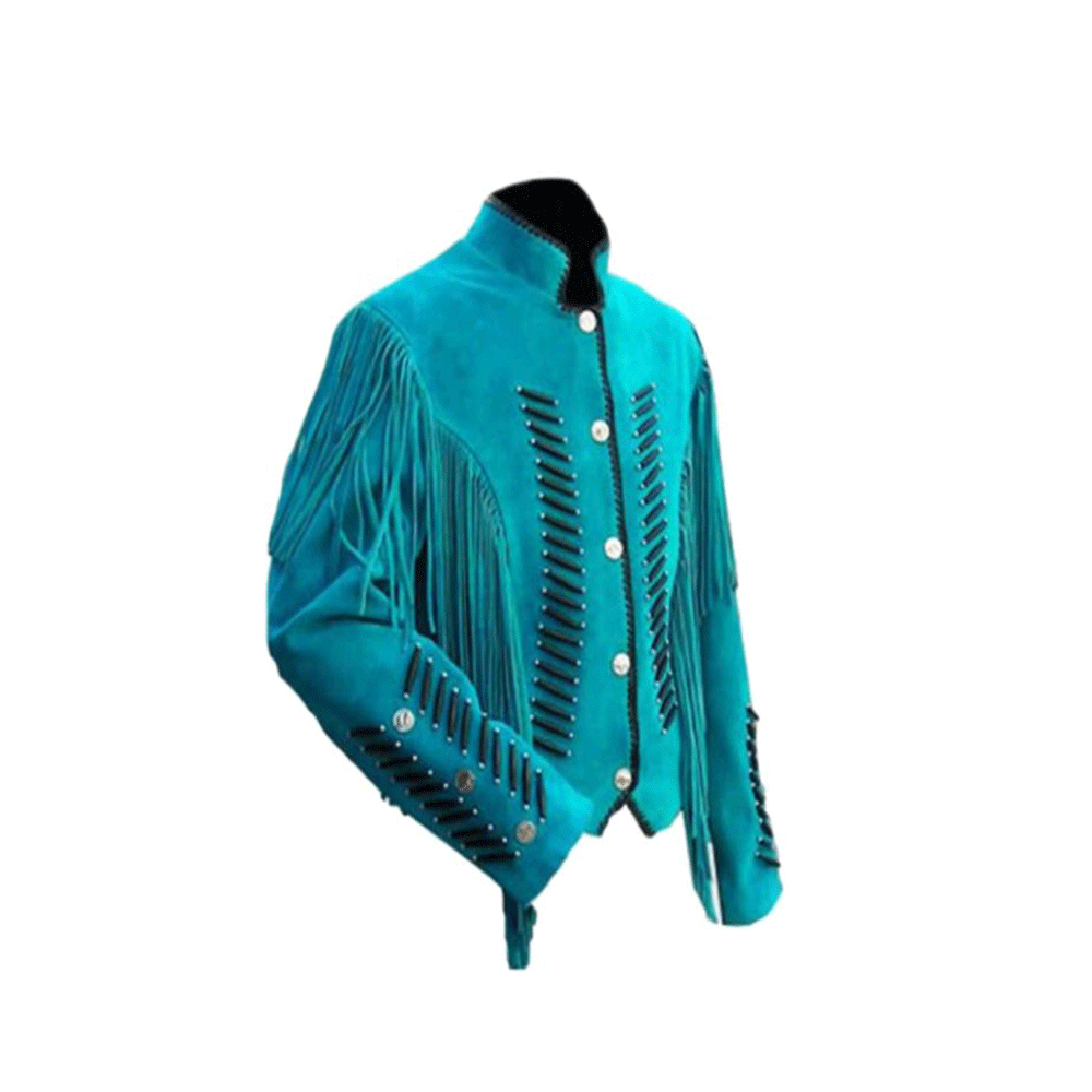 Men's Western Turquoise Suede Leather Fringe Bone work Jacket MW817