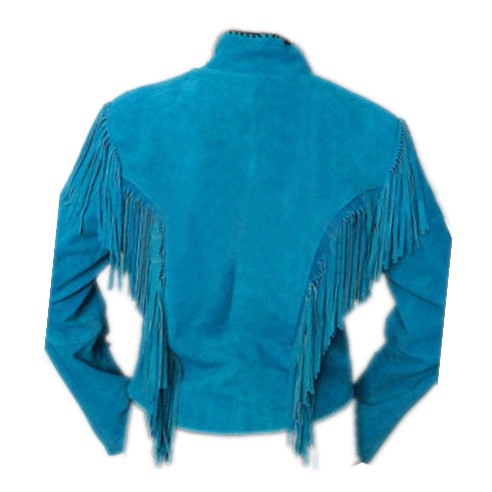 Men's Western Turquoise Suede Leather Fringe Bone work Jacket MW817