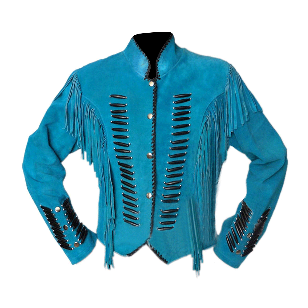 Men's Western Turquoise Suede Leather Fringe Bone work Jacket MW817