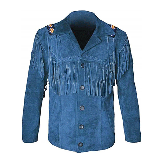 Men's Western Blue Suede Leather Fringe and Beaded Jacket MW818