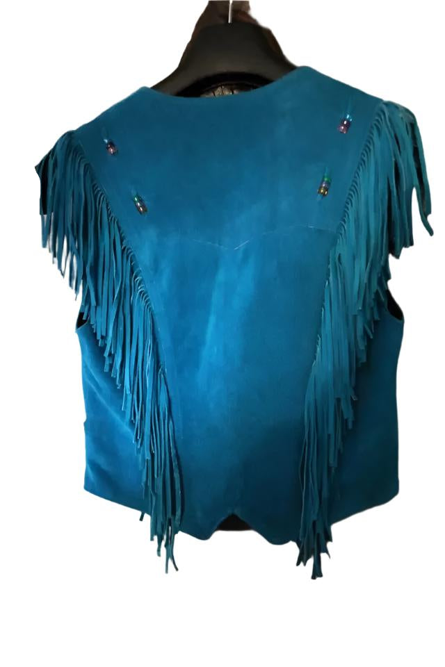 Cowgirl's Turquoise Suede Leather Fringe Beads Vest CGV514