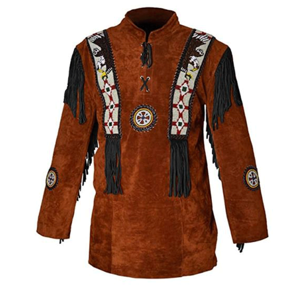 Men's Western Buckskin Suede Hide Mountain Man Shirt Fringes Beaded MMS424