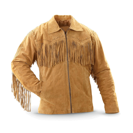 Men's Western Brown Buckskin Suede Leather Fringes Jacket MW803