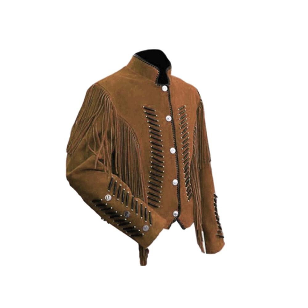 Men's Western Turquoise Suede Leather Fringe Bone work Jacket MW817