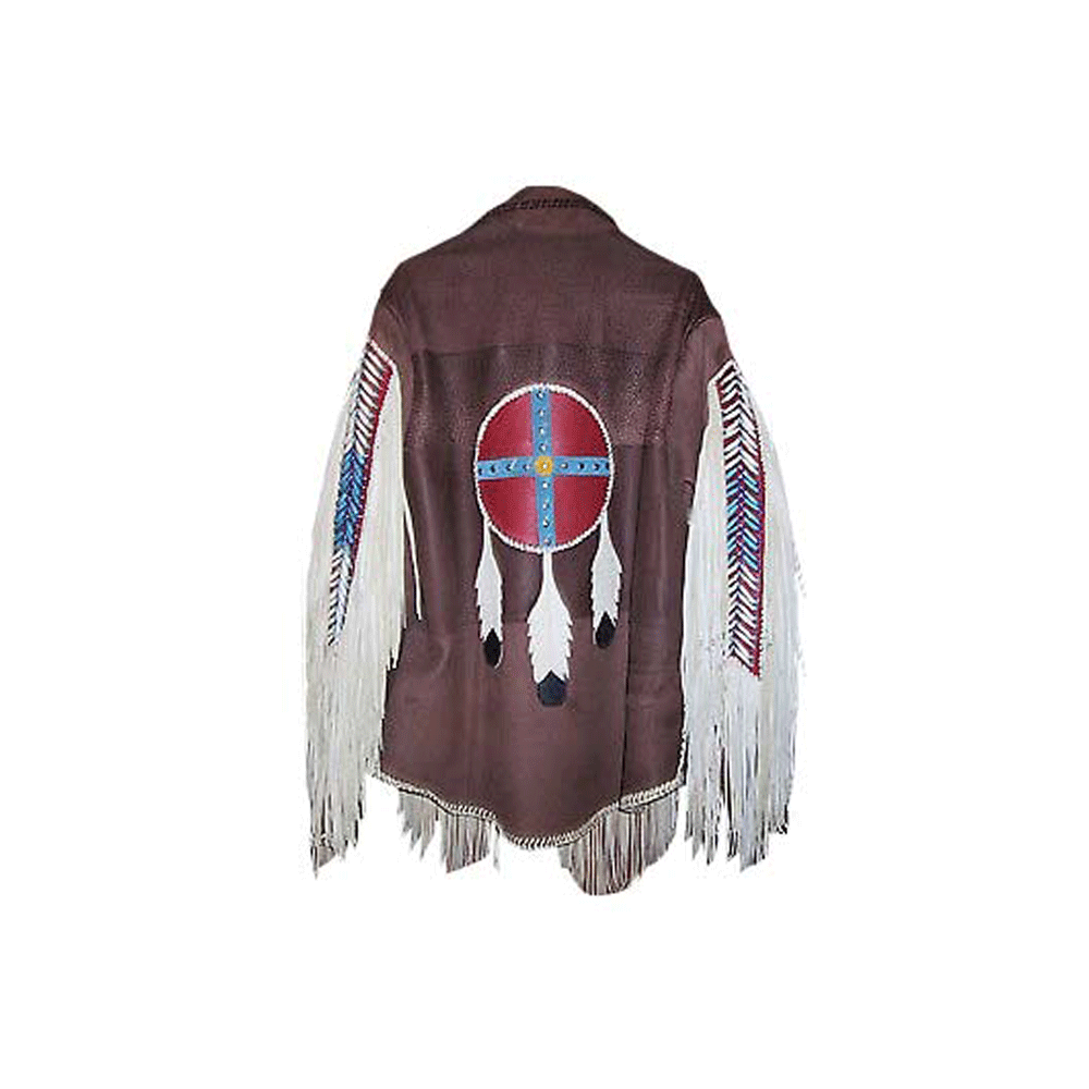 Men's Native American Brown Leather Jacket Fringe Bone work MW819