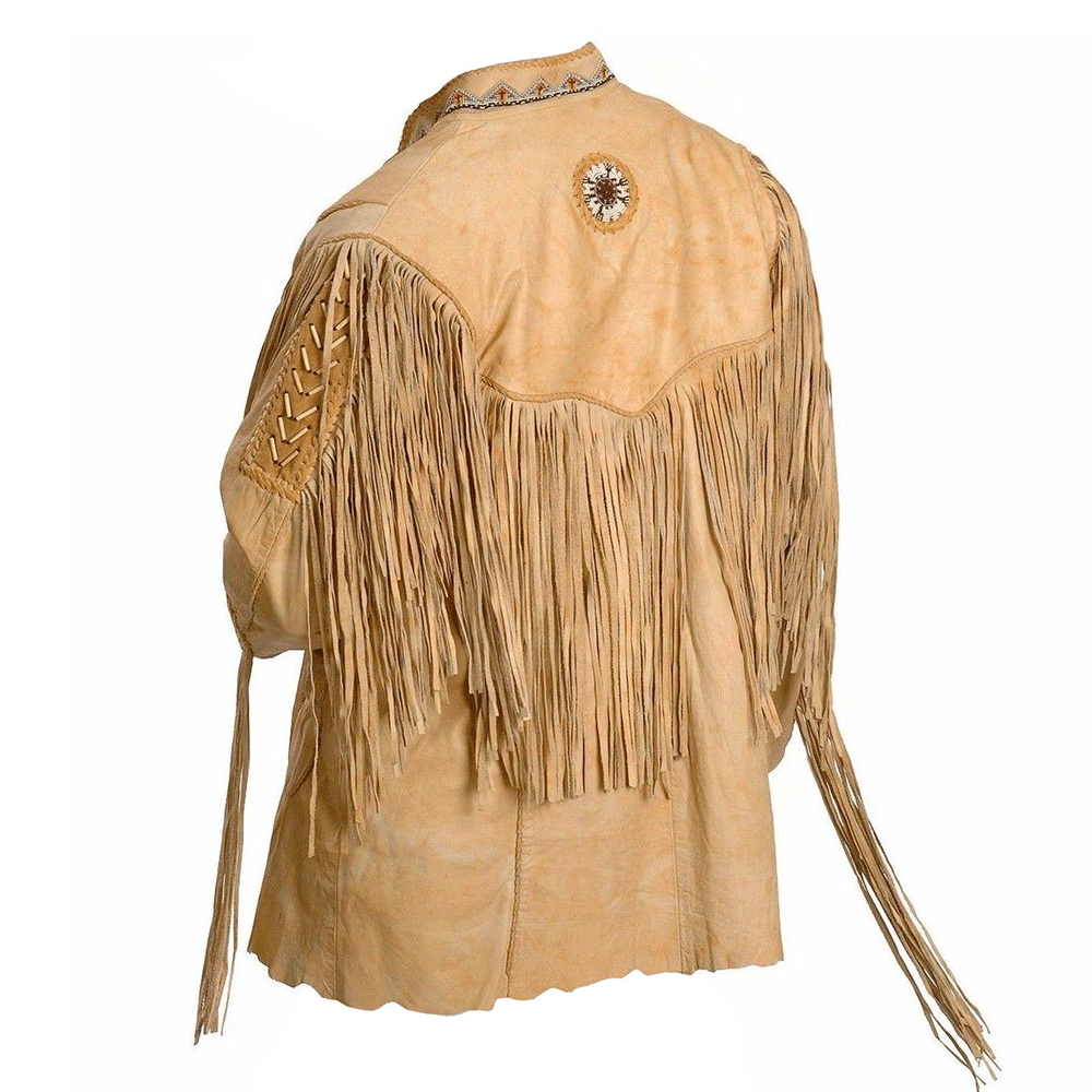 Men's Western Natural Beige Leather Jacket Fringe Bead Bone work MW820