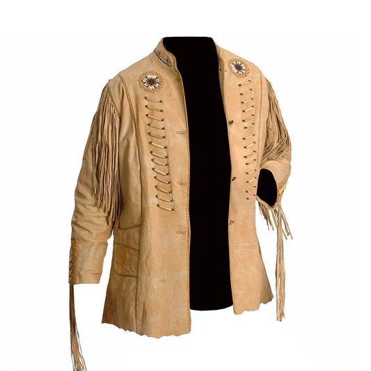 Men's Western Natural Beige Leather Jacket Fringe Bead Bone work MW820