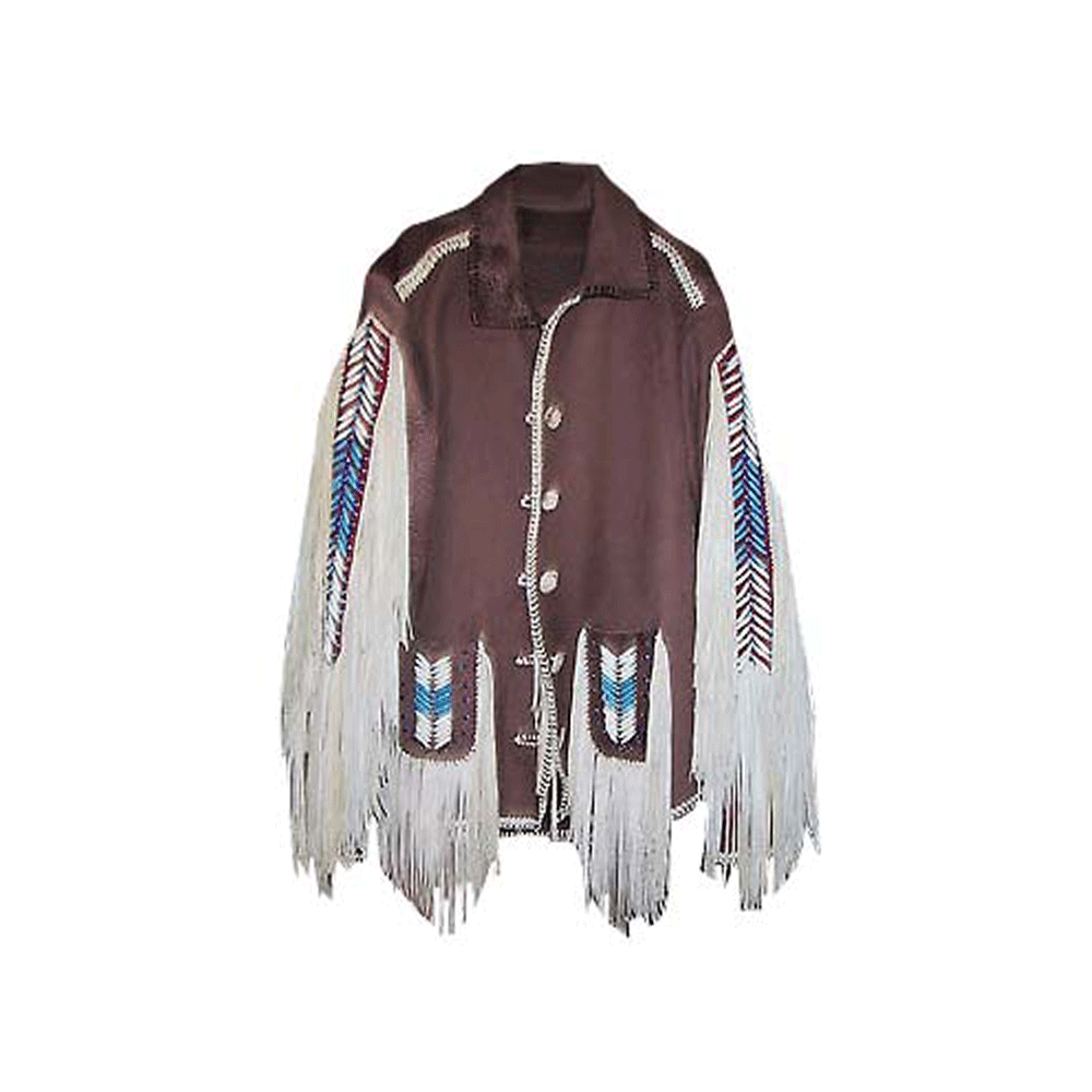 Men's Native American Brown Leather Jacket Fringe Bone work MW819