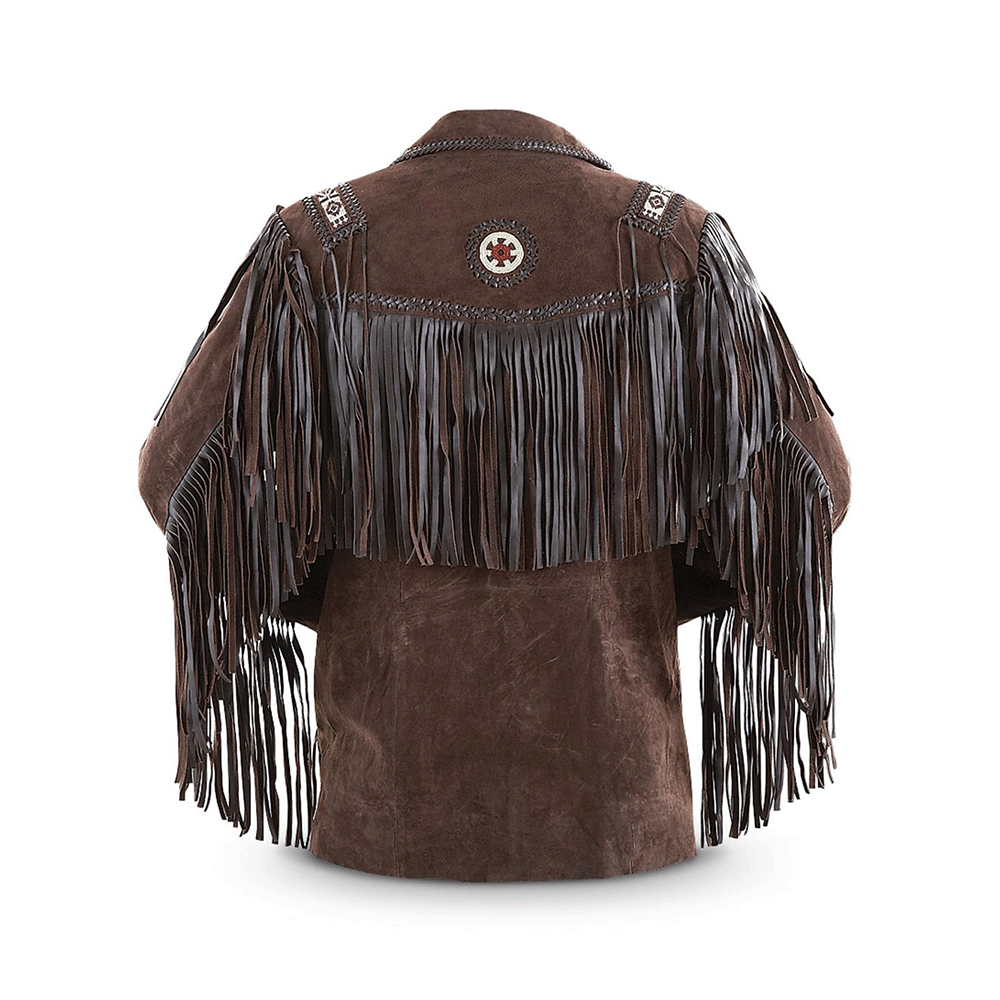 Men's Western Brown Buckskin Suede Leather Beaded Fringes Jacket MW805