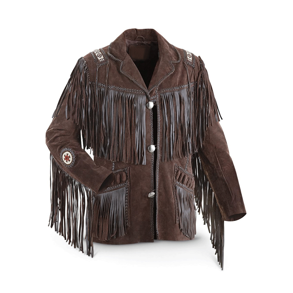 Men's Western Brown Buckskin Suede Leather Beaded Fringes Jacket MW805