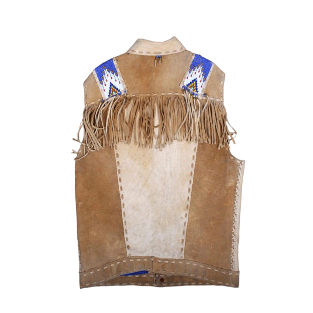 Men's Western Brown Suede Leather Fringe Blue Beaded Vest MV506