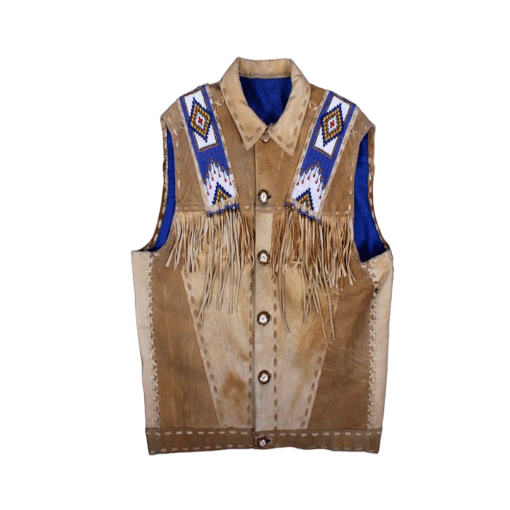 Men's Western Brown Suede Leather Fringe Blue Beaded Vest MV506