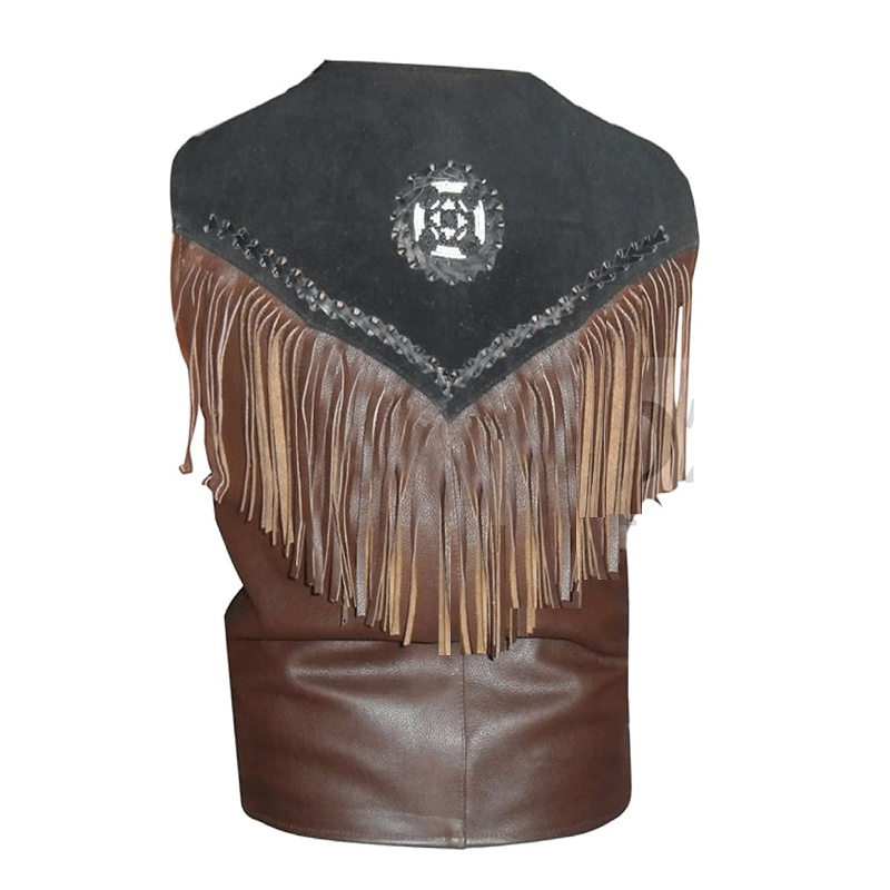 Men's Western Brown Suede Leather Fringes Beaded Vest MV502