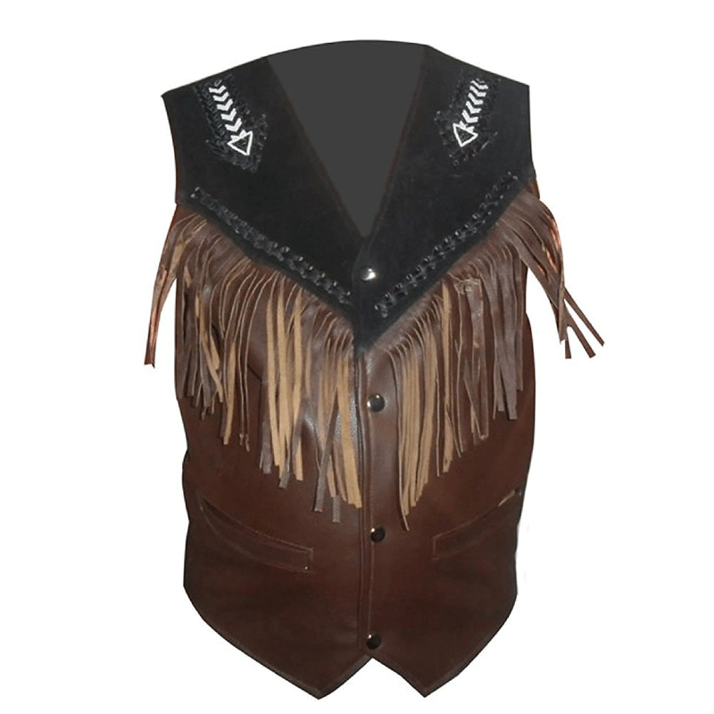 Men's Western Brown Suede Leather Fringes Beaded Vest MV502