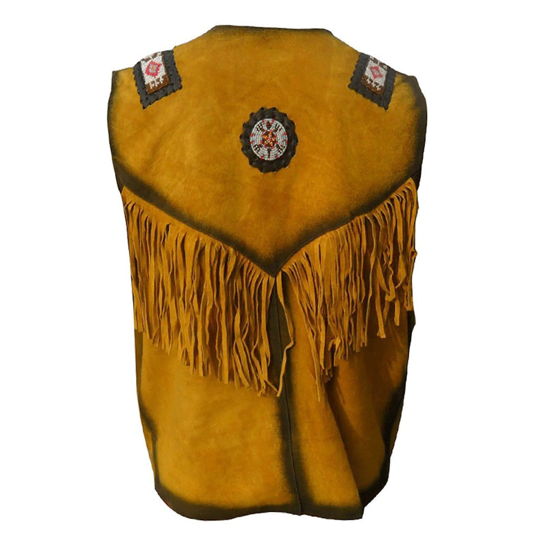 Men's Western Brown Suede Leather Fringes Beaded Vest MV501