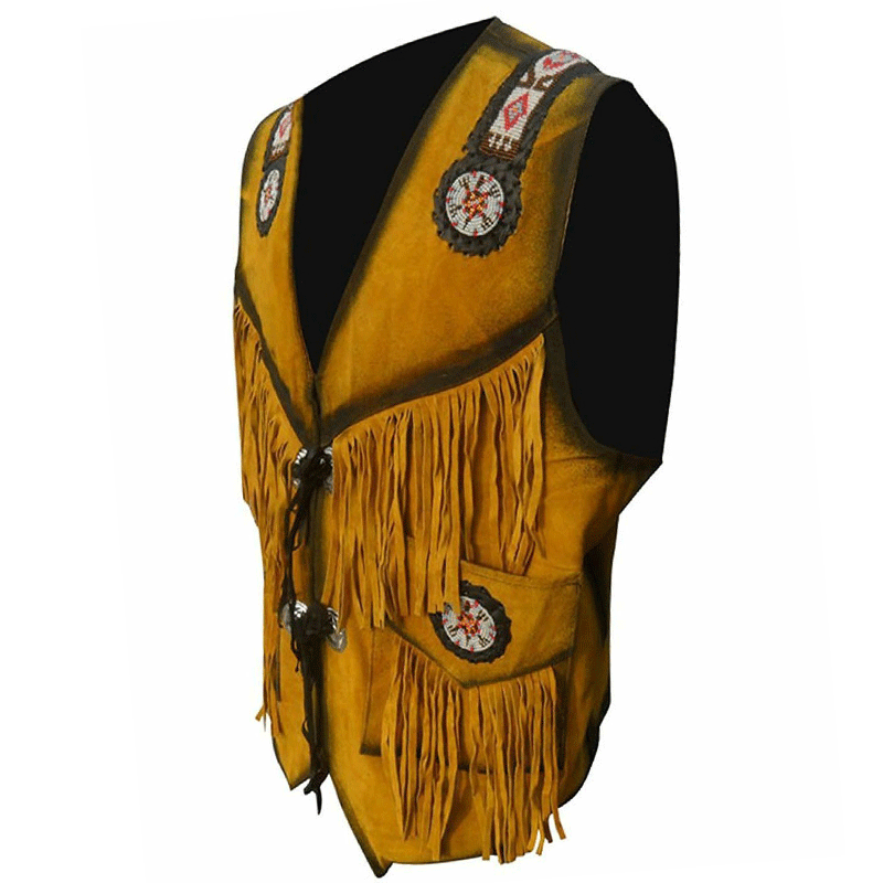 Men's Western Brown Suede Leather Fringes Beaded Vest MV501