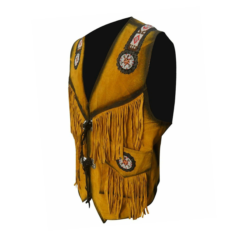 Men's Western Brown Suede Leather Fringes Beaded Vest MV501