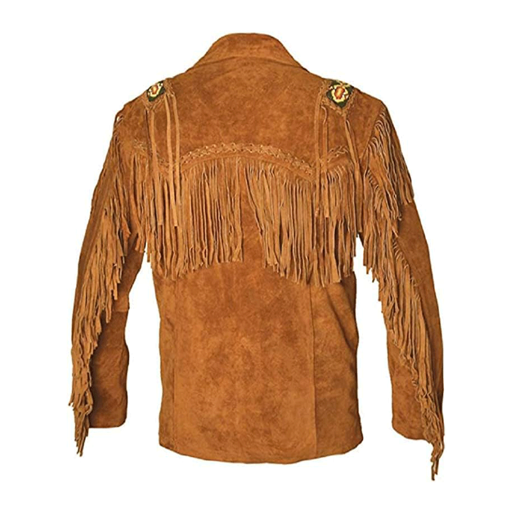 Men's Western Blue Suede Leather Fringe and Beaded Jacket MW818