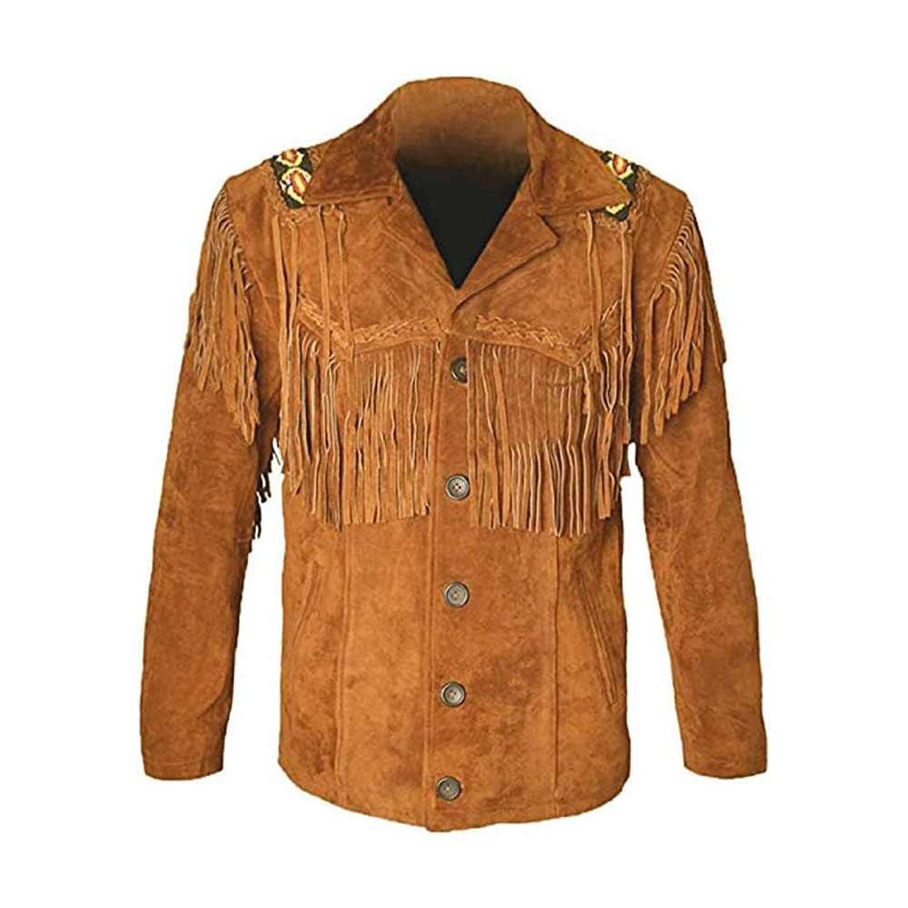 Men's Western Blue Suede Leather Fringe and Beaded Jacket MW818