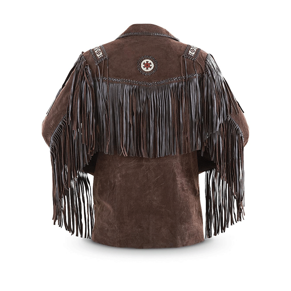 Men's Western Brown Suede Leather Fringe Bead Jacket MW822