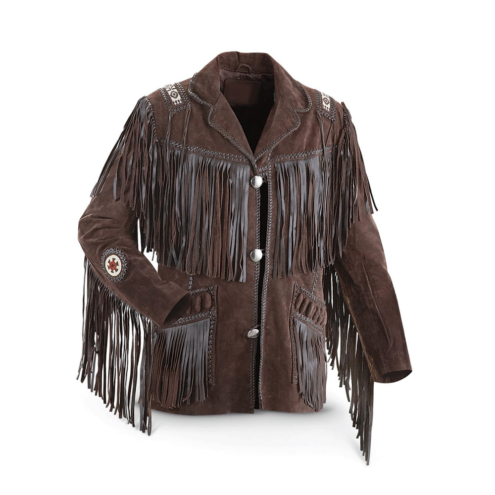 Men's Western Brown Suede Leather Fringe Bead Jacket MW822