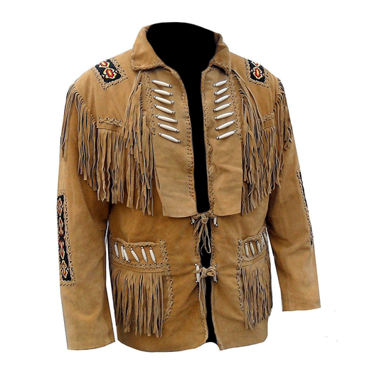 Men's Western Brown Buckskin Suede Leather Beaded Fringes Jacket MW804