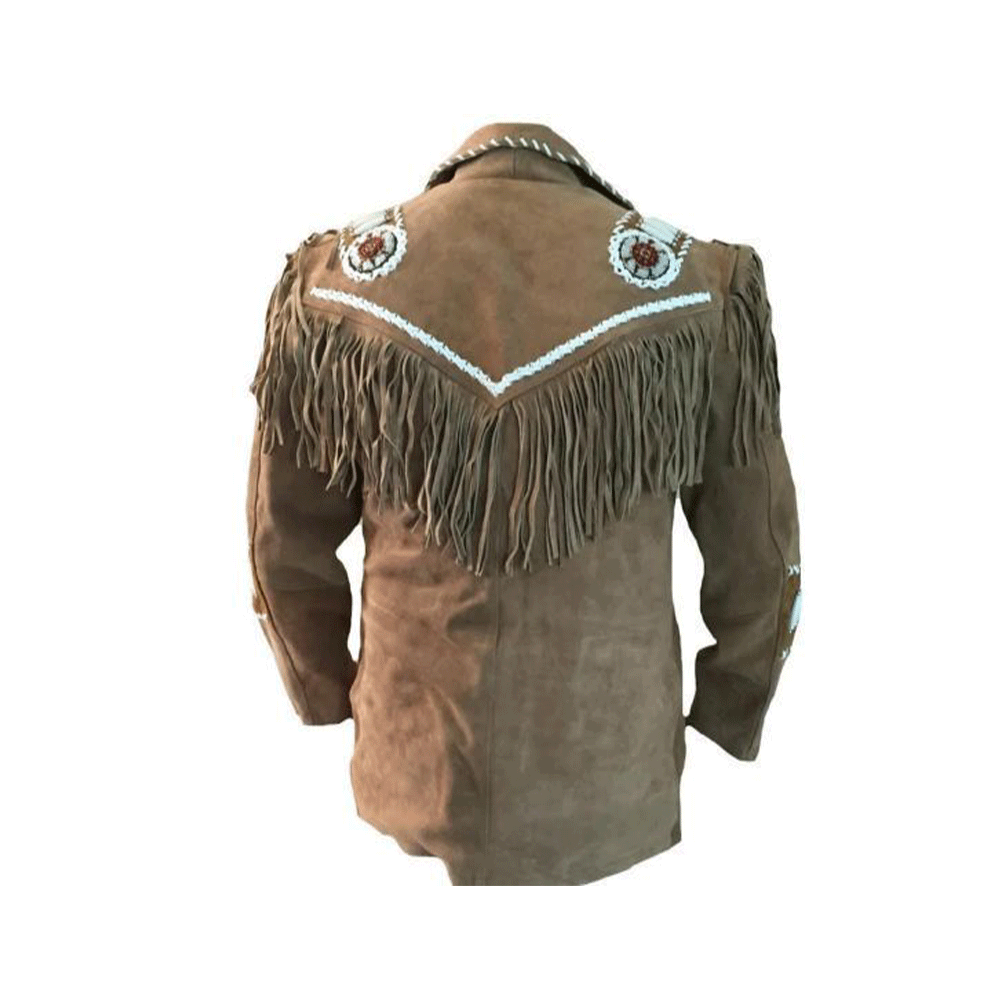 Men's Western Brown Suede Leather Fringe Beaded Jacket MW823