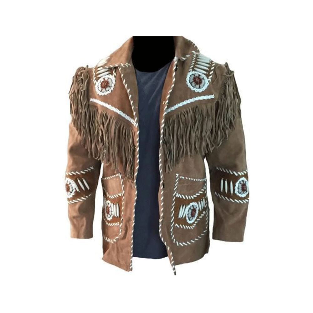 Men's Western Brown Suede Leather Fringe Beaded Jacket MW823