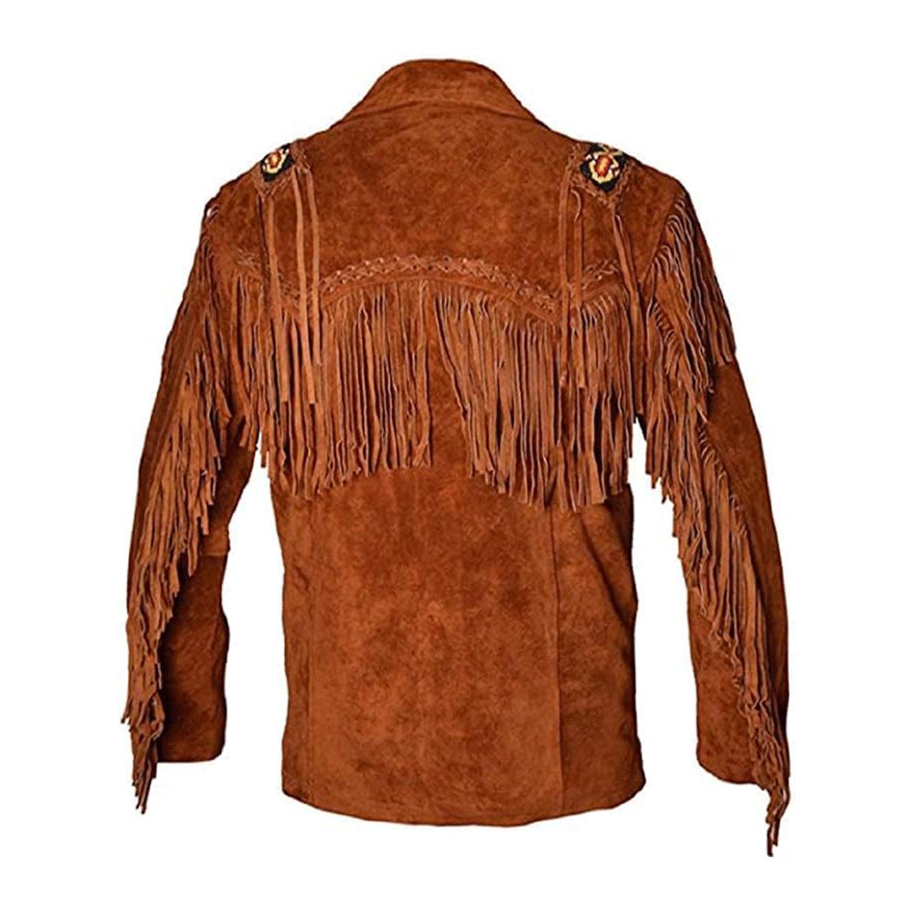 Men's Western Brown Buckskin Suede Leather Beaded Fringes Jacket MW806