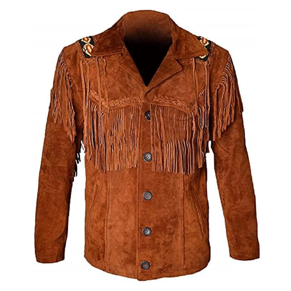 Men's Western Brown Buckskin Suede Leather Beaded Fringes Jacket MW806