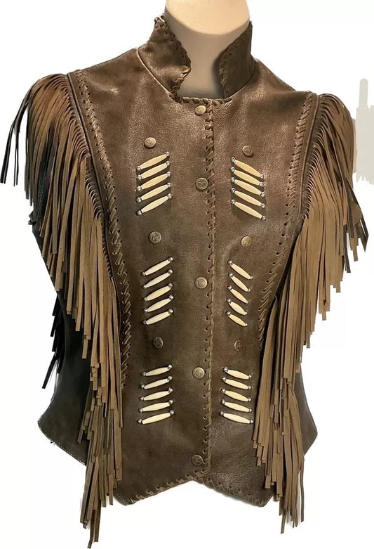 Cowgirl's Brown Leather Fringe Beaded Vest CGV503