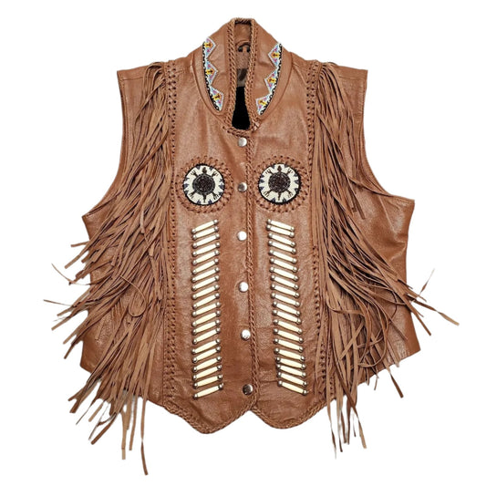 Cowgirl's Western Brown Leather Fringe Beadwork Vest CGV488