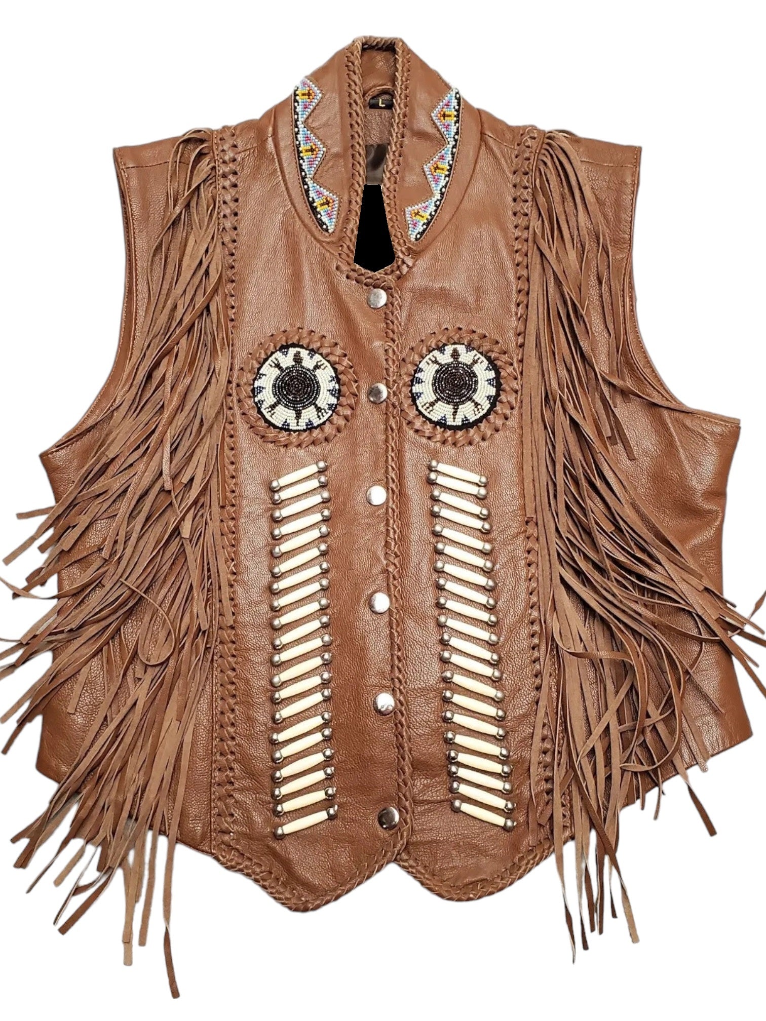Brown leather vest with fringe and decorative elements on a white background