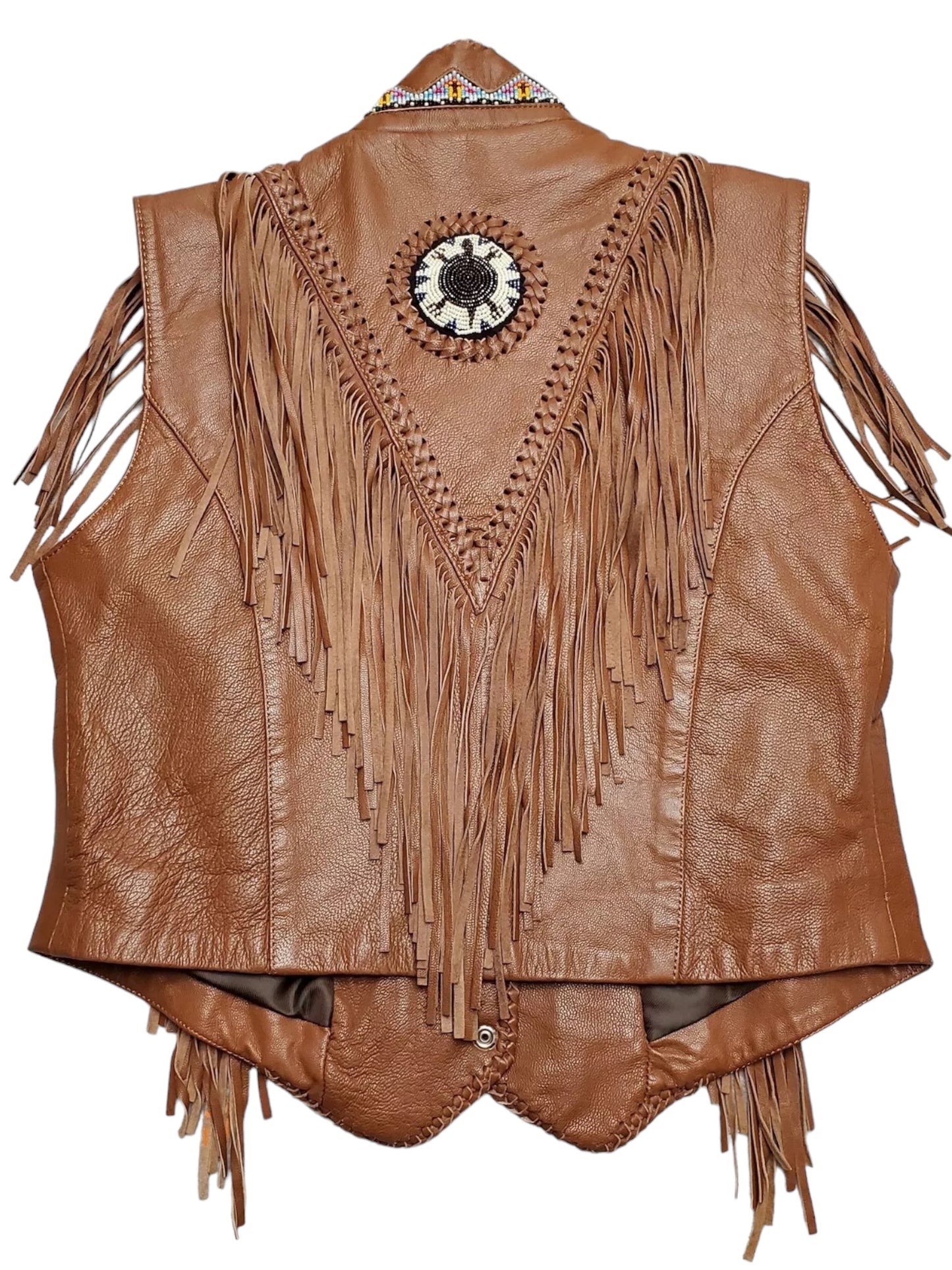 Brown leather vest with fringe and decorative patch on a white background