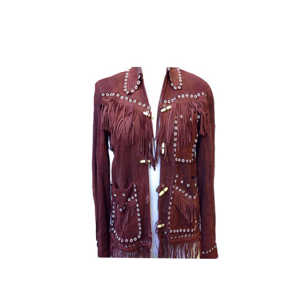 Maroon Suede Leather Fringe Studded Jacket For Women WWJ523