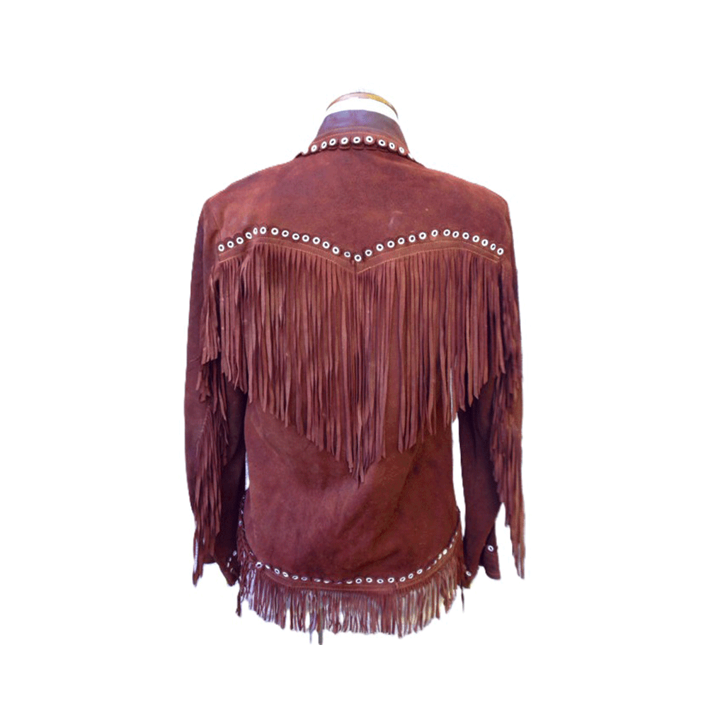 Maroon Suede Leather Fringe Studded Jacket For Women WWJ523