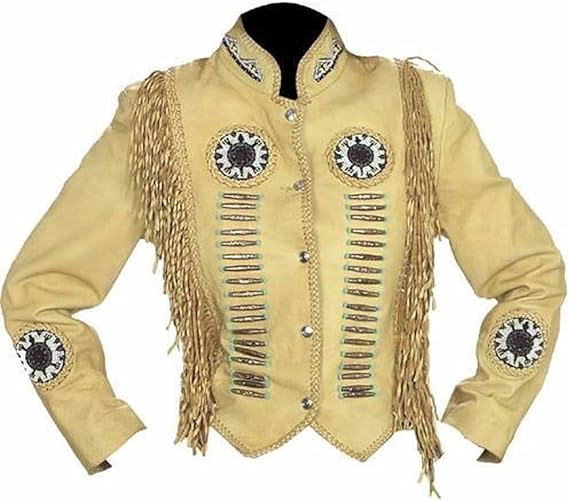 Beige Leather Fringes Beaded Jacket 