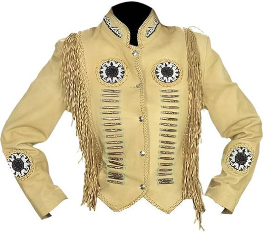 Beige Leather Fringes Beaded Jacket 