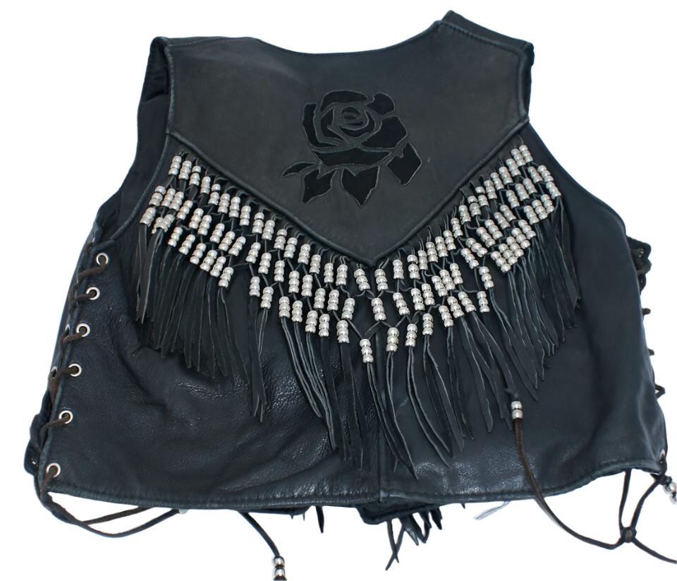 Cowgirl's Western Black Leather Fringe with beads Vest CGV440
