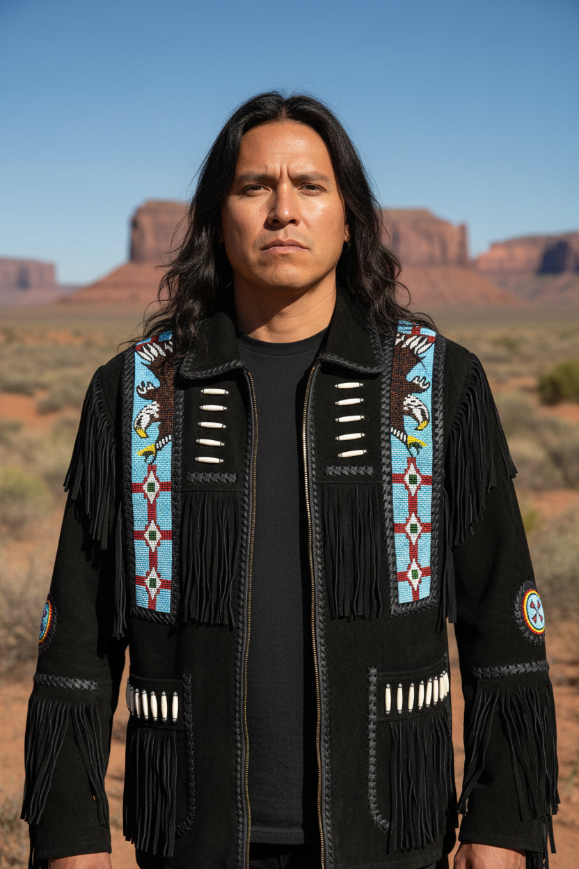 buckskin fringe jacket, native American style coat, beaded jacket