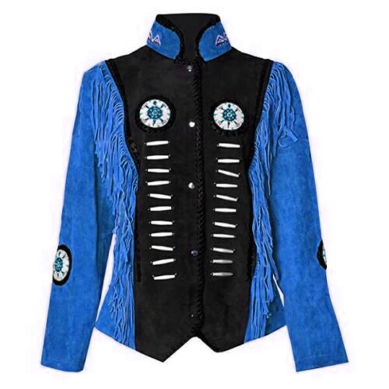 Cowgirl Black Suede Leather Bone Beaded Fringes Jacket WWJ556